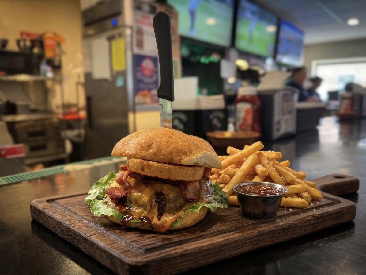Cowboy burger with onion ring, bacon, and fries at Pastimes